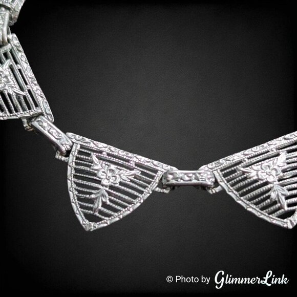 Art Deco P.S. Co. Rhodium Plated Filigree Necklace – 1930s Floral Links 19" - Picture 6 of 14